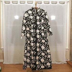 Vintage 60s 70s Black White Embroidered Rose A-Line Formal Dress